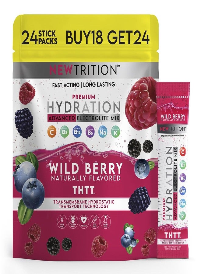 NewTrition Hydration Powder, Wild Berry Pack of 24 Electrolyte Powder Packets, Naturally Flavored Hydrating Packets for Water, Fast Acting Hydrate Electrolytes with Vitamins B & C, Energy & Recovery - Image 1